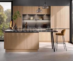 Cuisine avec îlot et bar pour Façades cannelées en chêne Élégant